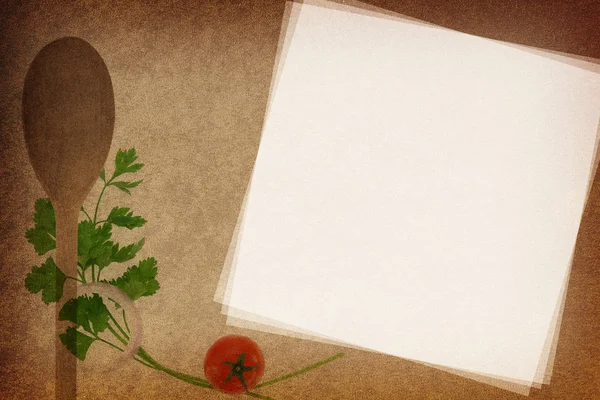 Recipe card. Wooden spoon and parsley on fabric texture