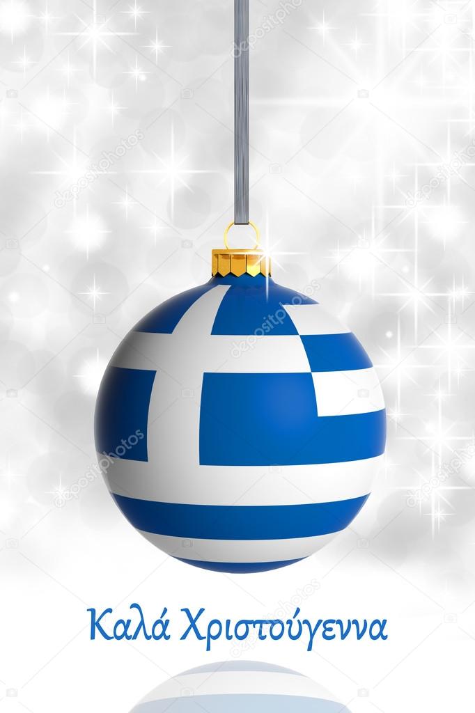 Merry Christmas from Greece. Christmas ball with flag — Stock Photo Greek Merry Christmas