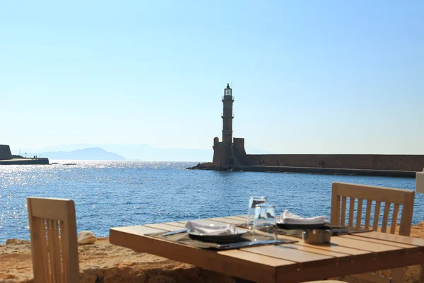 Ancient lighthouse, Chania Crete, view from restaurant