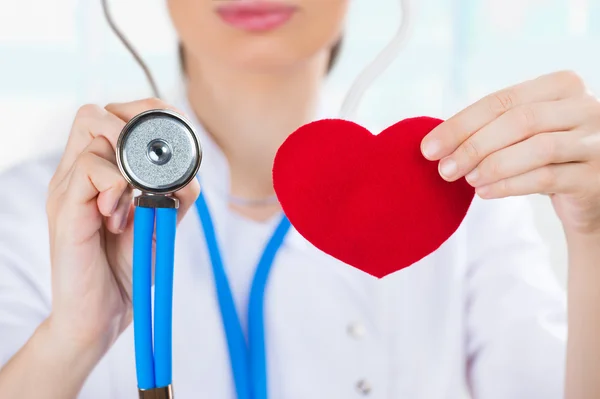 Female doctor with stethoscope holding red human heart