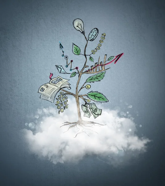 Concept of Growing company with sketch of a tree with business symbol growing from a cloud