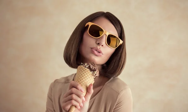 Ice cream woman singing in cone like in microphone