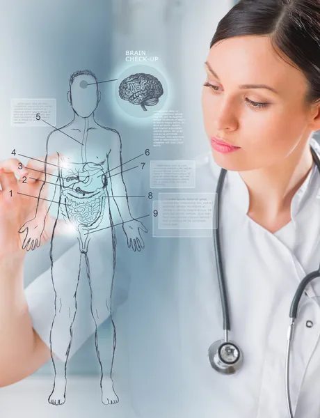 Medical doctor working virtual interface examining human body