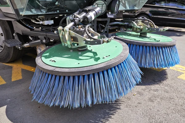 Process of urban street cleaning. Municipal machanical truck