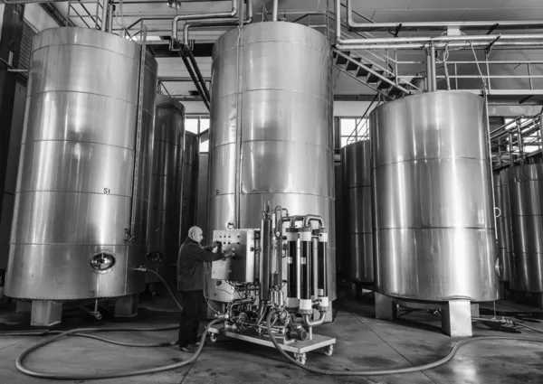 Italy, Sicily, Ragusa province, countryside, stainless steel wine containers in a wine factory