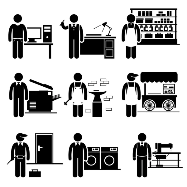 Self Employed Small Business Jobs Occupations Careers - Grocer, Freelancer, Copywriter, Printing Shop, Blacksmith, Hawker, Locksmith, Laundry, Tailor - Stick Figure Pictogram