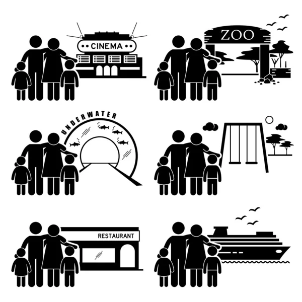 Family Outing Activities - Cinema, Zoo, Underwater Theme Park, Playground, Restaurant Dining, Holiday Cruise Ship - Stick Figure Pictogram Icon Clipart