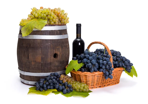 White and blue grape in basket with barrel