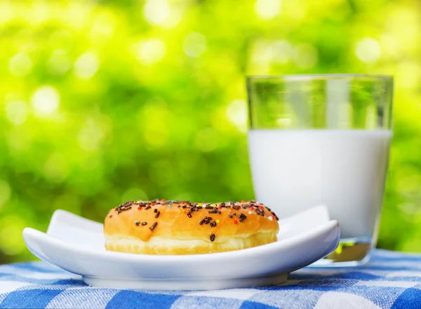 Fresh donut and glass of milk on nature background
