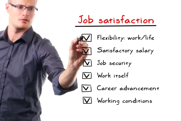 Man writing job satisfaction list on whiteboard
