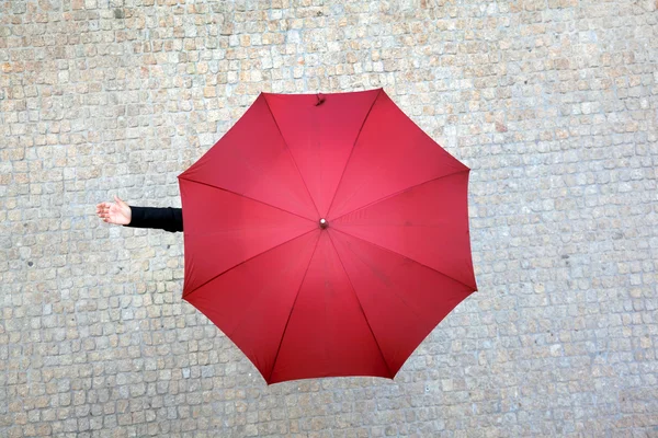 Business woman hidden under umbrella and checking if it\'s rainin