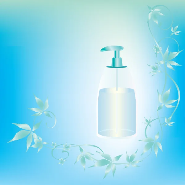 Light blue background with cosmetic container and leaves
