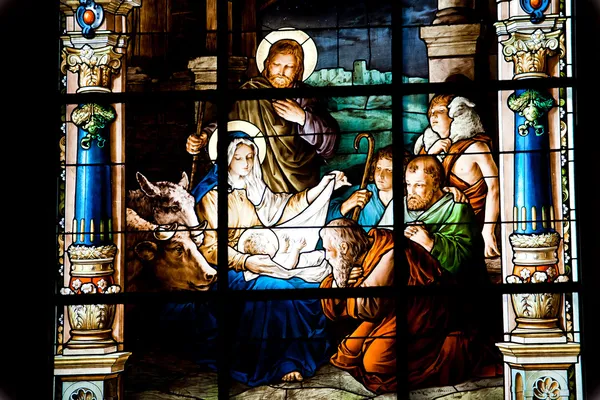 Nativity Scene. Stained glass window in the German Church (St. G