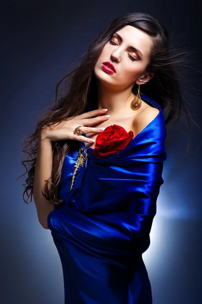 Art portrait of a beautiful woman in blue dress