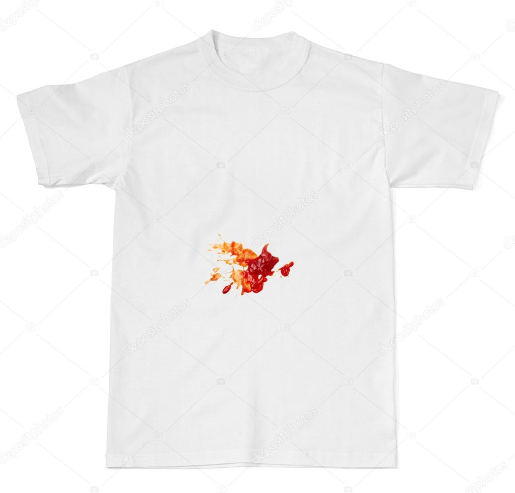 Ketchup Fleck Aus Weißem T Shirt Ketchup Essen Fleck auf ein t shirt — Stockfoto © PicsFive #28914863