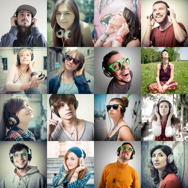 Collage of group various people listening to music