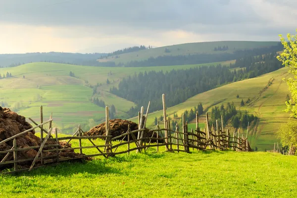 Spring landscape in the Carpathian mountains with fence