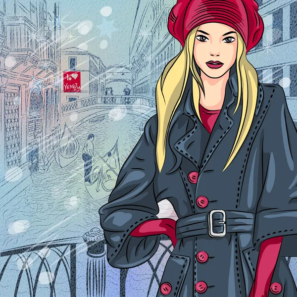 Vector winter Christmas cityscape with the Bridge of Sighs in Ve