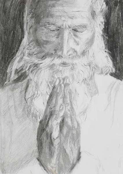 Old man praying, pencil drawing