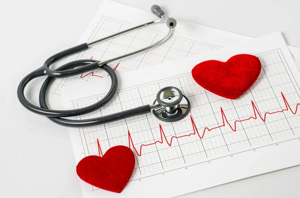 Stethoscope and two red heart on electrocardiogram