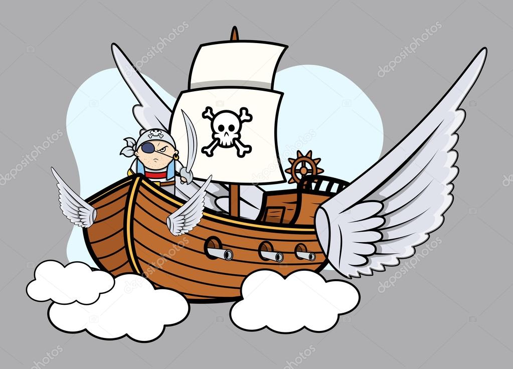 Flying Pirate Ship - Vector Cartoon Illustration — Stock Vector 