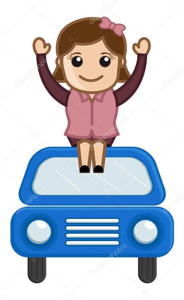 personaje de dibujos animados - niña sentada en el coche - concepto personaje de dibujos animados - niña sentada en el coche - concepto
