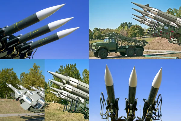 Collage photos of combat rocket missiles aimed at the sky