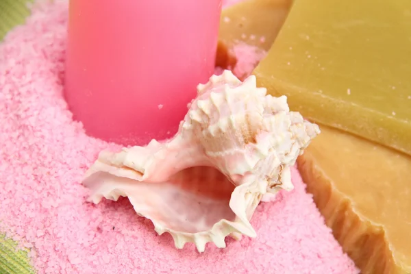 Decoration of sea salt, spa soap, pink candle and beautiful sea shell