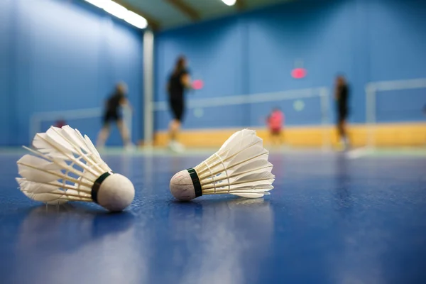 Badminton - badminton courts with players competing, shuttlecocks in the foreground