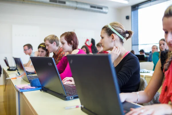 College students sitting in a classroom, using laptop computers