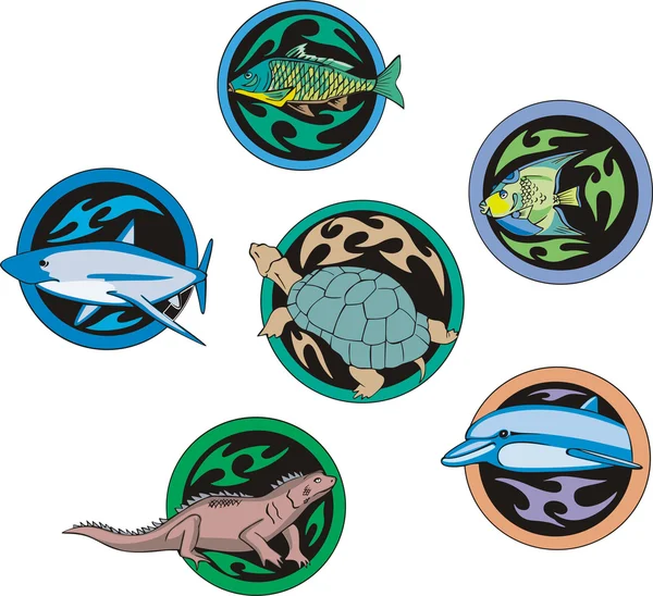 Round dingbats with fish and reptiles