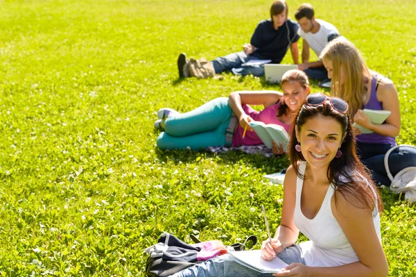 Students studying sitting on grass in park