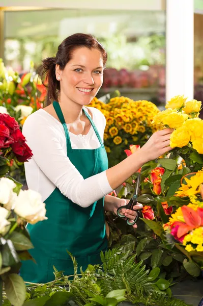 Cheerful woman flower shop market choosing working