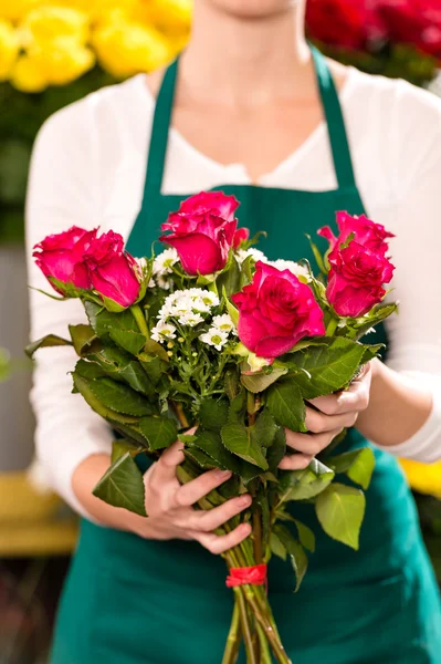Female holding bouquet flowers roses flower shop