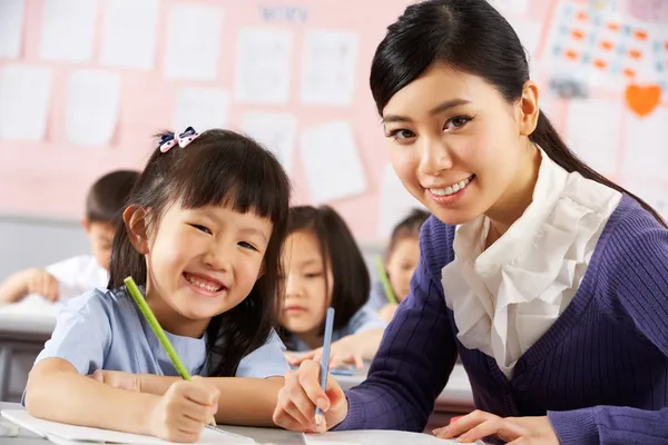 Teacher Helping Student Working At Desk In Chinese School Classr