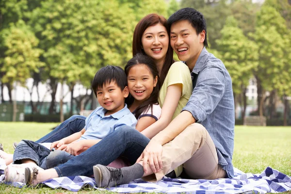 Young Chinese Family Relaxing In Park Together