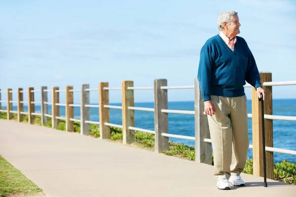 Senior Man Walking Along Path By The Sea