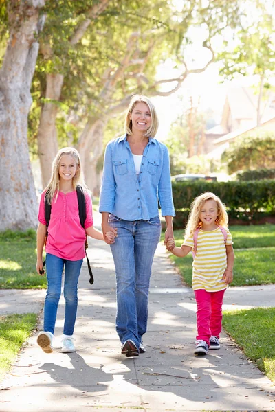 Mother And Daughters Walking To School On Suburban Street