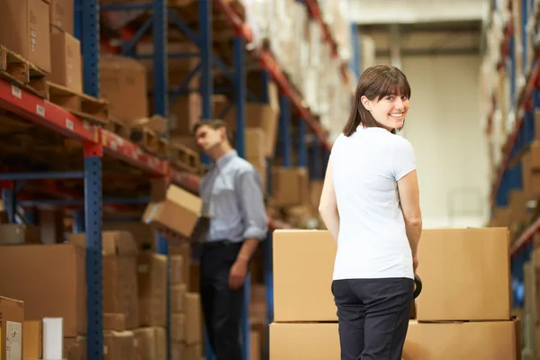 Businesswoman Pulling Pallet In Warehouse