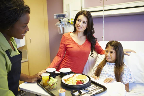 Young Girl Being Served Lunch In Hospital Bed