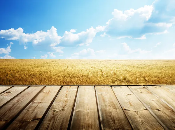 Wooden floor and summer wheat field