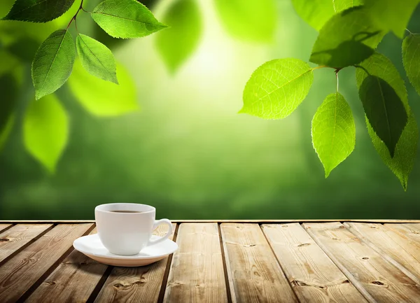 Cup coffee and sunny trees background