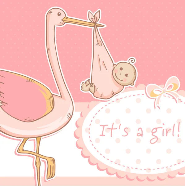 Cute baby girl announcement card with stork and child