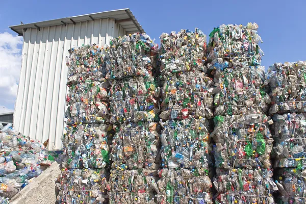 Stack of plastic bottles ready for recycling