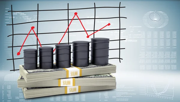 Barrels oil stand on pack of dollars
