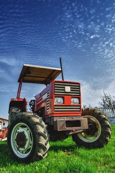 Red tractor on the meadow