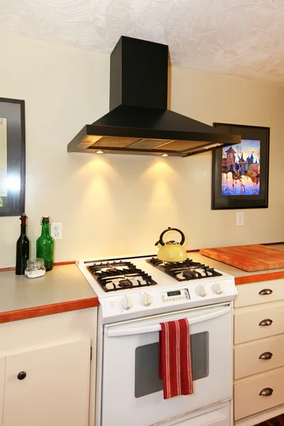 Craft cozy White kitchen with white stove with hood.