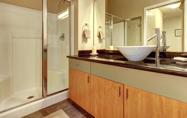 Bathroom with wood modern cabinets and white sink.