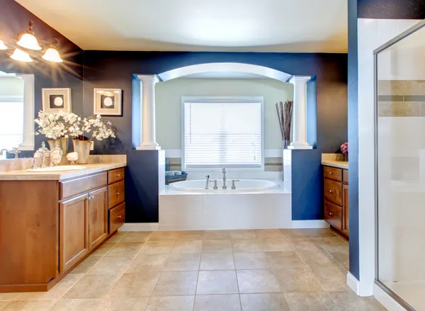 Dark blue classic elegant bathroom interior.