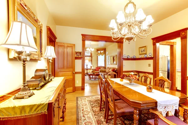 Historical American old house dining room with lots of wood.